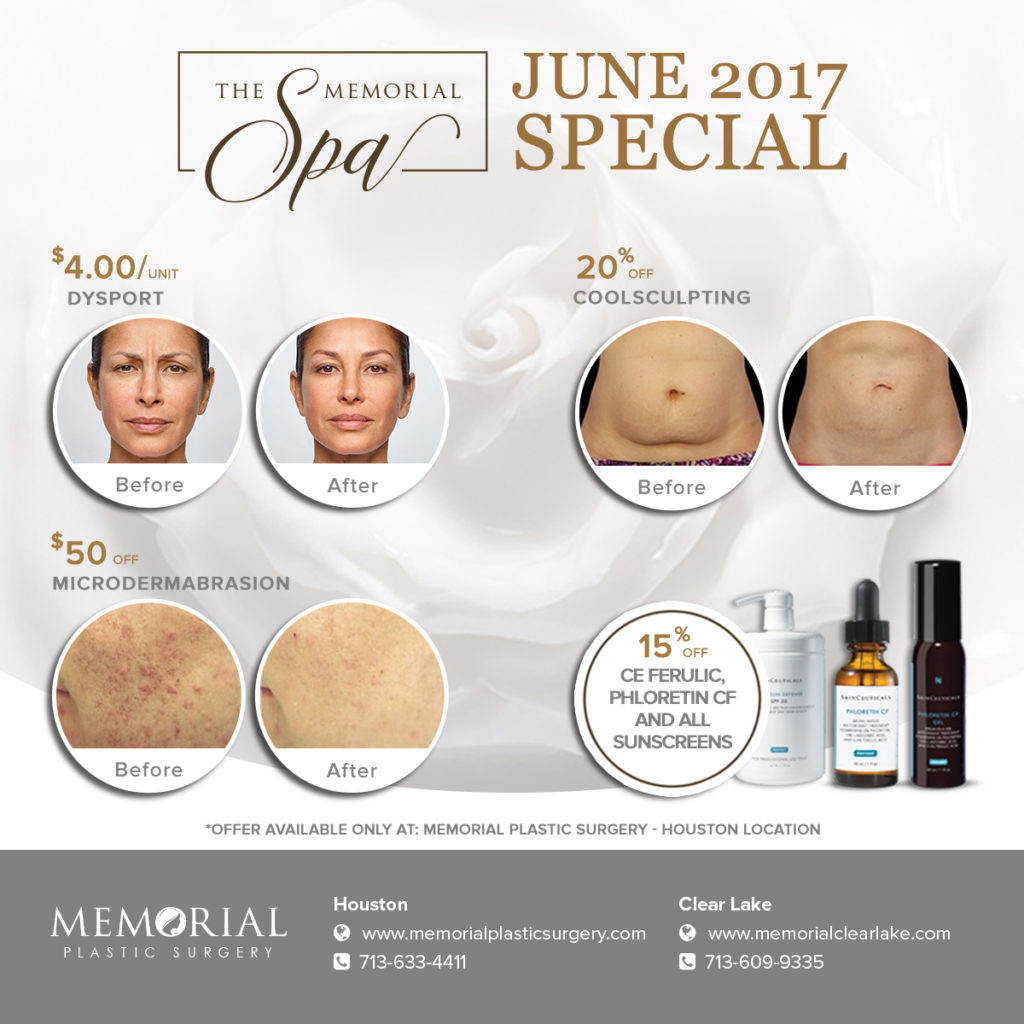 The Memorial Spa's June 2017 promo is available at Memorial Plastic Surgery - Houston office only.